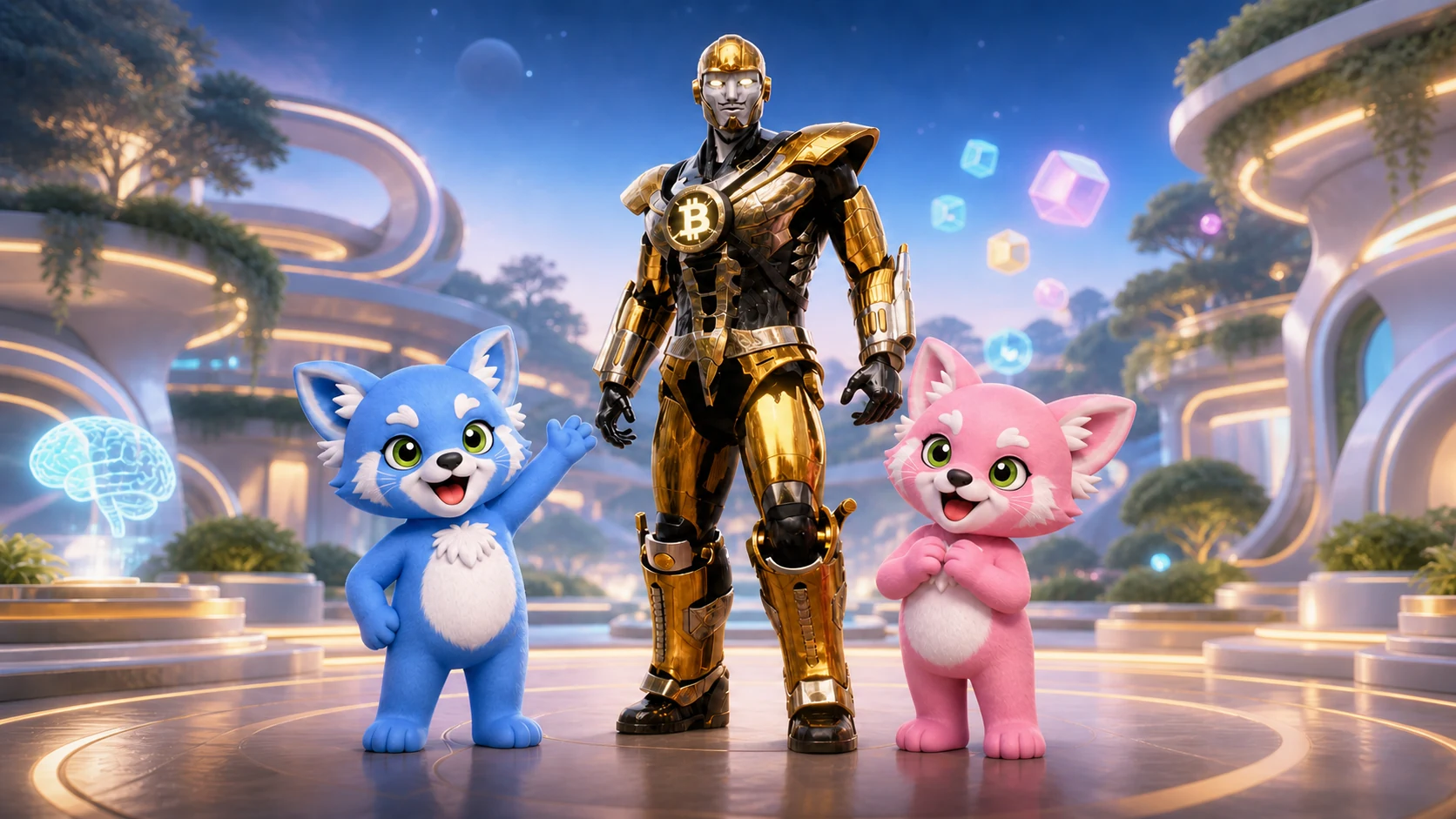 Satoshi standing with Digi and Digia in a welcoming futuristic world